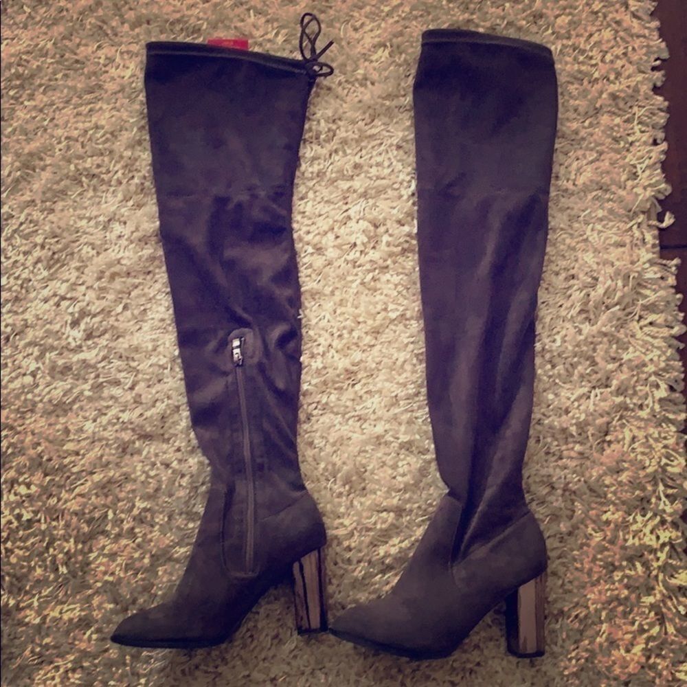 Over the knee gray heeled boots